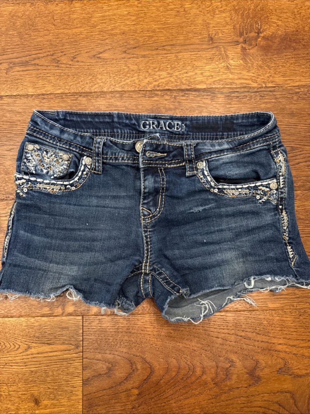 Grace Dark Blue Denim Jean Shorts with Embellished Pockets